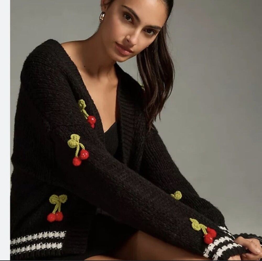 Anthropologie Maeve 3D Cherry Print Varsity Knit Cardigan Sweater One Size